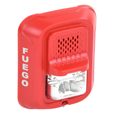 Sirena con estroboscopio / 2 hilos / 12-24 Vcd / candela 15 a 185 seleccionable / rojo con leyenda FUEGO / Serie L | SIERRA STORE