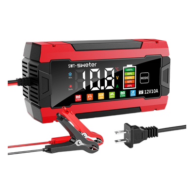 Cargador Inteligente Automático 3 Etapas / 12V 10A / Para Motocicleta, Auto, ATV / Baterías AGM, GEL, SLA, WET, DEEP CYCLE, Litio | SIERRA STORE