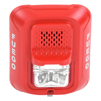 Sirena con estroboscopio / 2 hilos / 12-24 Vcd / candela 15 a 185 seleccionable / rojo con leyenda FUEGO / Serie L | SIERRA STORE