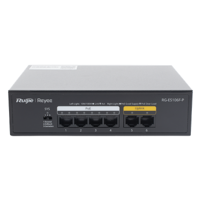 Switch PoE+ / 6 Puertos 10/100 Mbps / 54W PoE Total / No Administrable / Sin Ventilador | SIERRA STORE