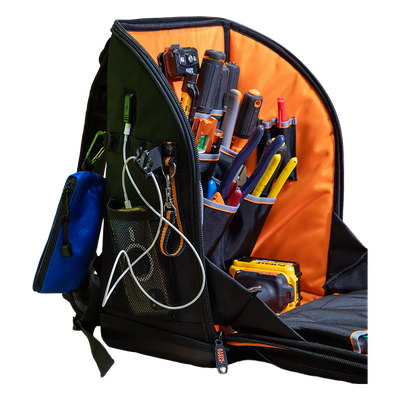 Mochila Profesional para Herramientas / 27 Bolsillos / Base Moldeada Ancha / Interior Naranja / Puerto USB-C / Acceso Estación de | SIERRA STORE